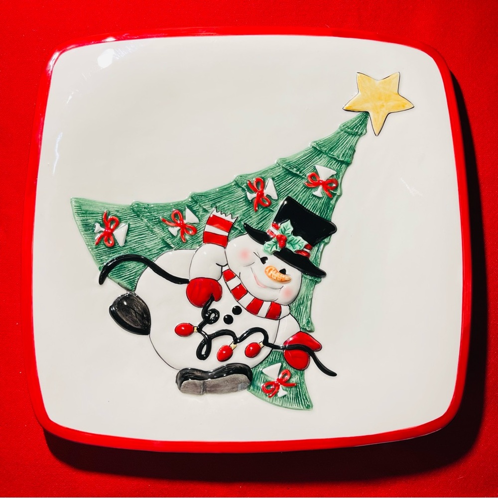 Fitz and Floyd Classics Cheers Snowman Christmas Tree Square Snack Plate 8”